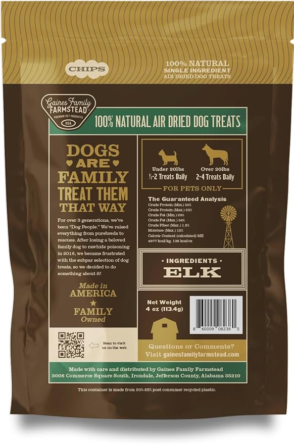 Gaines Family Farmstead Elk Chips for Dogs – 4 oz, Natural Single-Ingredient Dog Treats, High-Protein Rawhide-Free Chews, Healthy Grain-Free Snacks, Made in USA-PurrikoPets