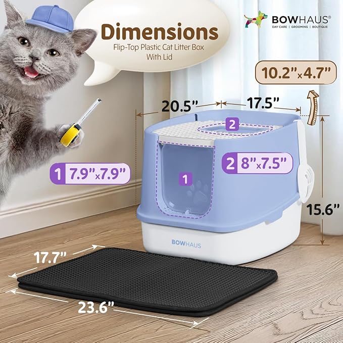 Fully Enclosed Cat Litter Box w/Lid, Scoop, Cat Mat & Odor Fitter, Large Plastic Cat Toilet with Double Door, Anti-Splashing Cat Litter Box with Lockable Front Door, Blue-PurrikoPets