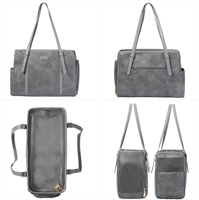 Fashion Dog Purse Pet Carrier Leather Bag for Small Dogs Cats Puppy, Portable Tote Bag Airline Approved Soft-Sided Carriers (Grey)-PurrikoPets