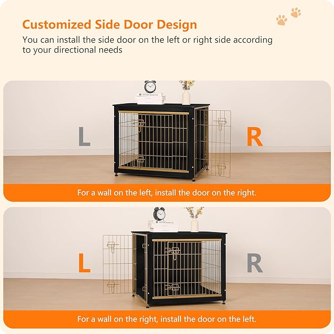 DWANTON Dog Crate Furniture with Cushion, Wooden Kennel Table with Double Doors, Indoor Dog House, Medium Size, 32.5" L, Black+Gold-PurrikoPets