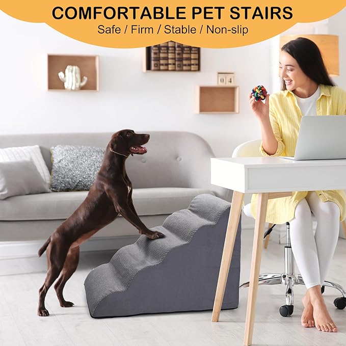 Dog Stairs for Bed, 5 Tier Dog Steps for Couch and High Bed, Non-Slip Pet Stairs, 24" High Sofa Foam Ramp - Best for Small Pets, Older Cats with Joint Pain-PurrikoPets