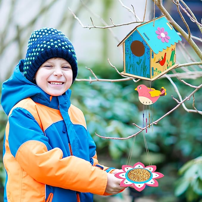 Fennoral 12 Pack Bird House Craft Kit for Kids Make You Own Bird Wind Chime Kit DIY Build and Paint Wooden Birdhouses Bird Feeder Art and Craft for Spring Yard Garden Outdoor Decoration-PurrikoPets