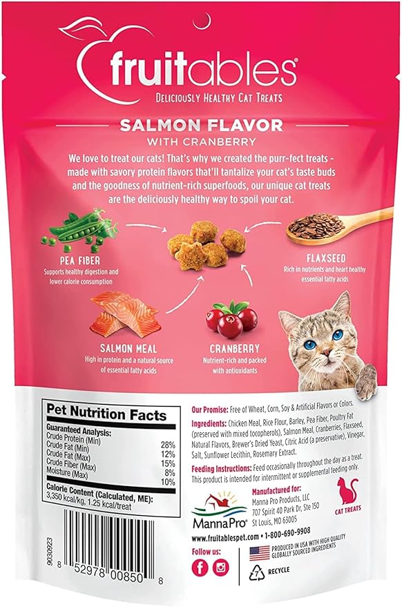 Fruitables Cat Crunchy Treats For Cats – Healthy Low Calorie Packed with Protein – No Wheat, Corn or Soy – Made with Real Salmon with Cranberry – 2.5 Ounces-PurrikoPets