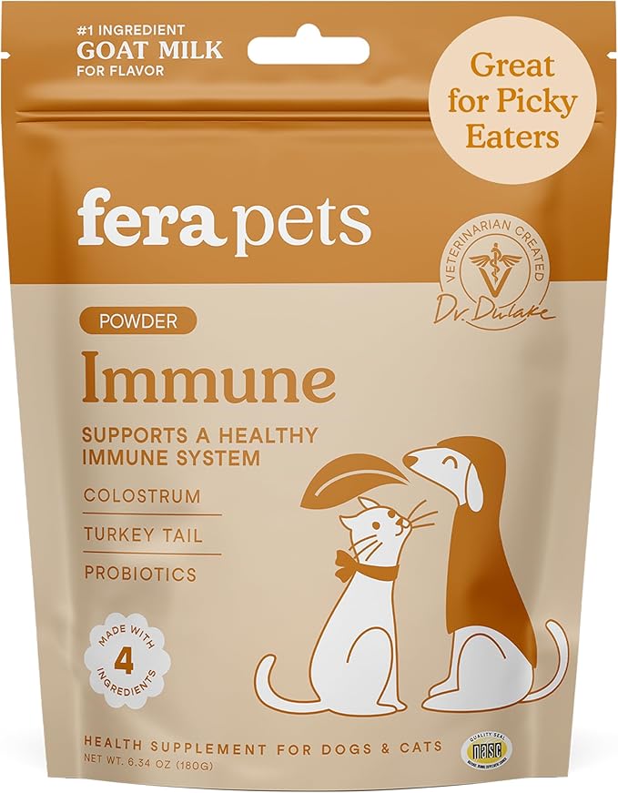 Fera Pets Immune Goat Milk for Dogs & Cats with Colostrum, Organic Turkey Tail Mushroom, & Probiotics - Improves Immune Response - for Picky Eaters - Powder - 60 TSP-PurrikoPets