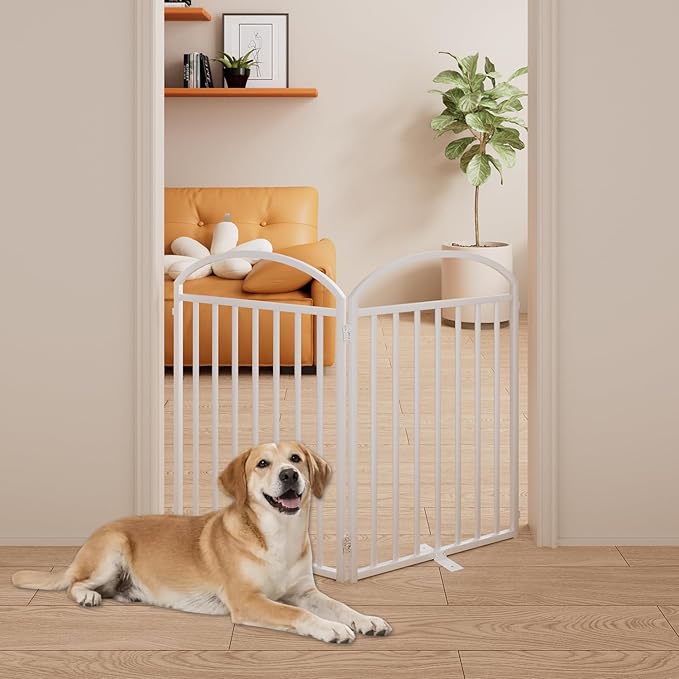 2 Panles Full Matel Freestanding Dog Gates with Door, 48"Extra Wide 32"Tall Free Standing Dog Pet Gate for Indoor & Outdoor. Foldable Pet Fences for Doorways, House, Stairs, Porch, Deck, Yard-PurrikoPets
