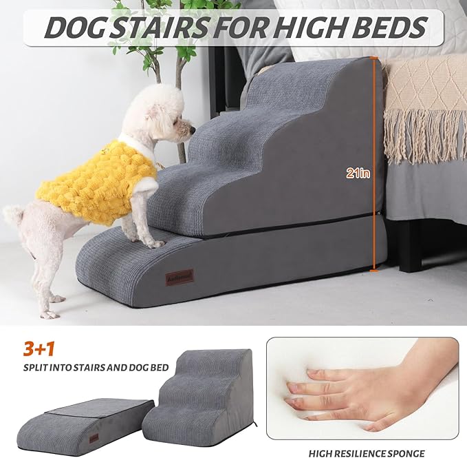 4-Step Dog Stairs and Ramp for Beds or Couches – Non-Slip Sturdy Pet Steps for Small Dogs and Cats,21" H,Grey-PurrikoPets