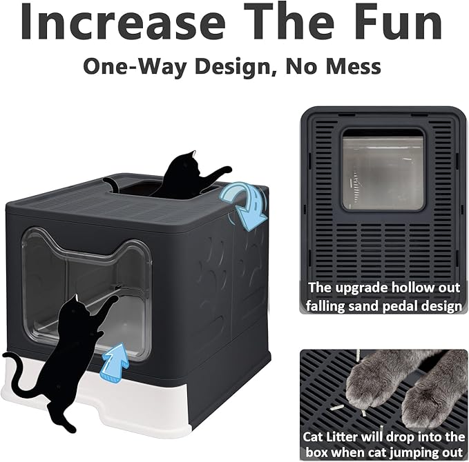 Foldable Cat Litter Box with Lid, Enclosed Potty, Large Top Entry Anti-Splashing Toilet, Easy to Clean Including Litter Scoop and 2-in-1 Cleaning Brush (Black)-PurrikoPets