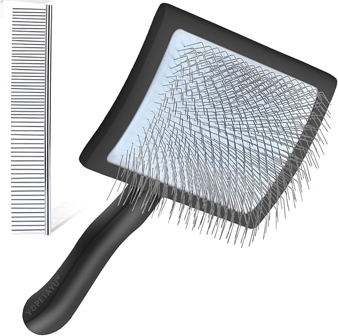 Dog Slicker Brush for Shedding and Grooming Medium or Long Haired Cats, Extra Long & Soft Pin Slicker Brush for Removes Loose Hair, Tangles, Knots, Undercoat, Free Pet Comb, Large Black-PurrikoPets