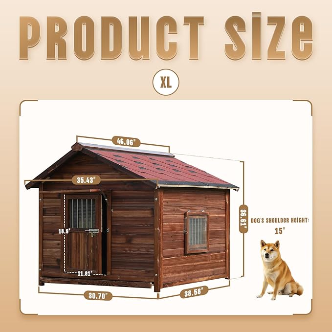 Extra Large Dog House Outdoor Made of Solid Pine Wood, Warm Doghouse, Dog House with Elevated Floor for Large Dogs, (Wood, XL)-PurrikoPets