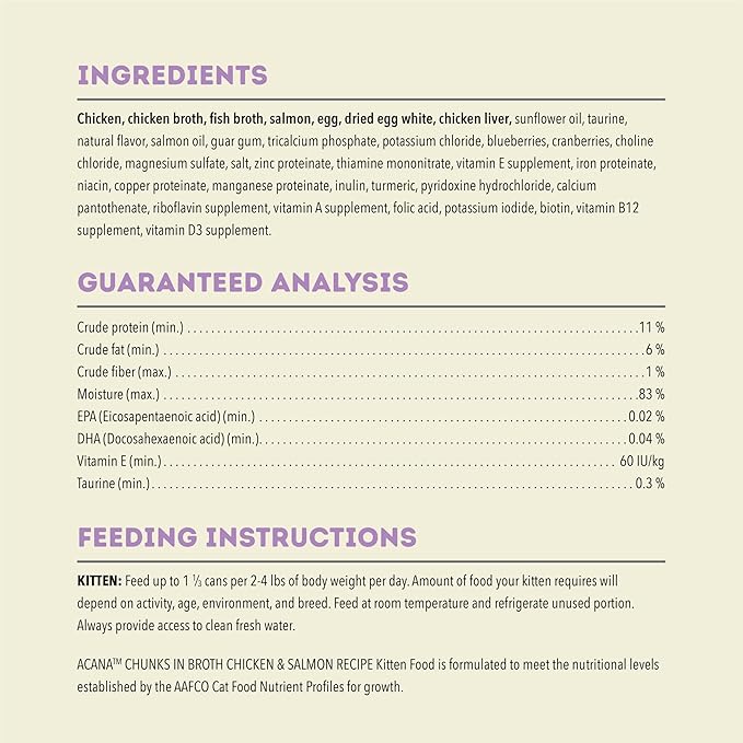 ACANA Chunks in Broth Wet Cat Food Chicken & Salmon Recipe for Kittens 5.5oz Cans (6 Count)-PurrikoPets