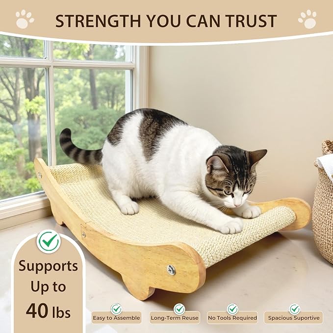 2-in-1 Sisal Cat Scratcher Bed for Indoor Large Cats – Hammock Lounge with Natural Sisal Pad, Wooden Cat Furniture for Scratching and Resting-PurrikoPets