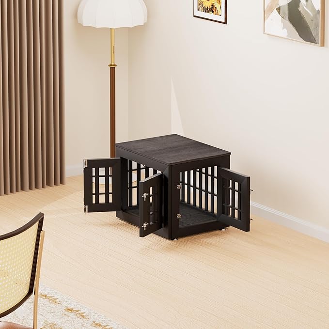 26" Heavy Duty Dog Crate Furniture for Small,Medium and Large Dogs,Rustic Wooden Dog Cage Kennel Indoor Furniture with Waterproof Top,Decorative Pet House Side End Table (Black & Grey)-PurrikoPets