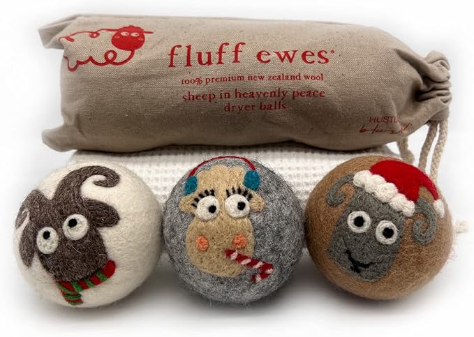 Fluff Ewes Wool Dryer Balls 3 Pack Premium New Zealand Wool Laundry Balls for Dryer, No Static Dryer Balls Laundry Reusable, XL Christmas Dryer Balls, Holiday Dryer Balls - Sheep in Heavenly Peace-PurrikoPets