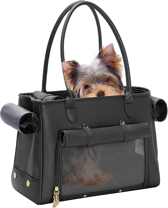 Fashion Pet Carrier Purse for Small Cat and Dog, Luxury Pu Soft-Sided Tote Bag with Large Pockets for Dogs and Puppies (Black, 15.8" L x 7.5" W x 11.8" H)-PurrikoPets