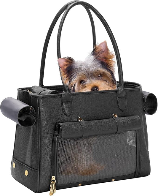 Fashion Pet Carrier Purse for Small Cat and Dog, Luxury Pu Soft-Sided Tote Bag with Large Pockets for Dogs and Puppies (Black, 15.8" L x 7.5" W x 11.8" H)-PurrikoPets
