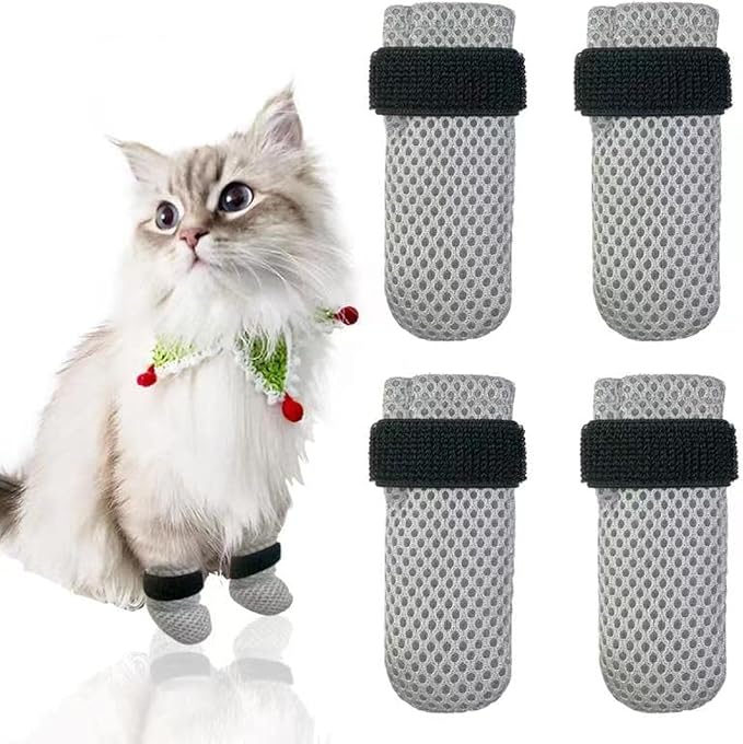 4 PCS Cat Mittens to Prevent Scratching,Mesh Breathable Cat Shoes,Adjustable Cats Anti Scratch Gloves,Suitable for Cats When Bathing and Nail Trimming(M,Grey)-PurrikoPets