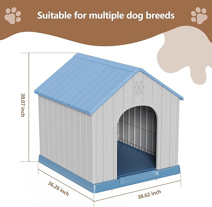 DRATO Indoor Outdoor Waterproof Dog House,PP Material,Puppy Shelter with Air Vents and Elevated Floor,Sturdy Dog Kennel for Small to Large Sized Dogs, Easy to Assemble (Blue, 38.62×36.26×38.07 Inches)-PurrikoPets