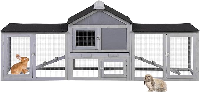 82.5” Large Wooden Rabbit Hutch Outdoor Easy to Assemble Rabbit Cage and Durable Bunny Hutch Indoor with Cleaning Tray & Waterproof Roof for Small and Medium Bunny Rabbit Chick (Grey)-PurrikoPets
