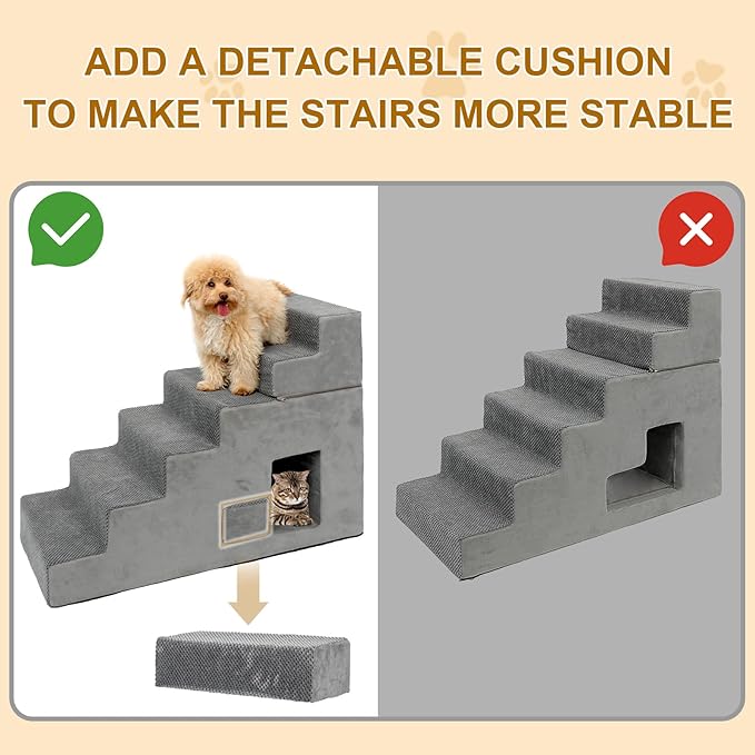 Dog Stairs for Small Dogs 27”H, 6-Step Dog Steps for High Bed, High-Density Foam Pet Stairs with Non-Slip Removable Washable Cover to Get on Bed-PurrikoPets