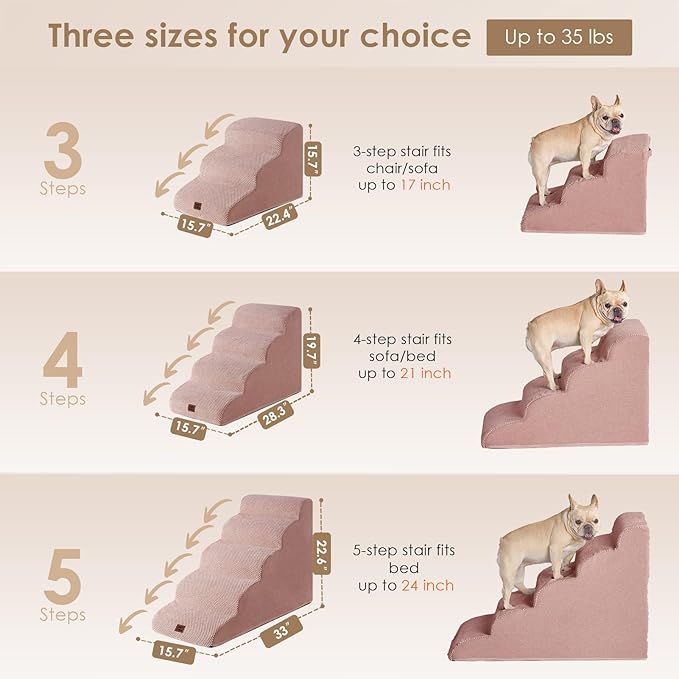 EHEYCIGA Curved Dog Stairs Ramp for High Beds 22.6" H, 5-Step Dog Steps for Small Dogs and Cats, Pet Stairs for High Bed Climbing, Non-Slip Balanced Pet Step Indoor, Dusty Pink-PurrikoPets