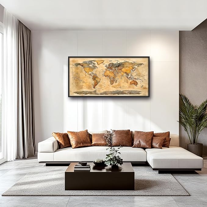 Extra Large World Map Framed Wall Art for Living Room,Oversized Vintage Map of The World Pictures Wall Decor,Canvas Print Painting Modern Artwork Bedroom Office Bathroom 60L" x 30W"-PurrikoPets