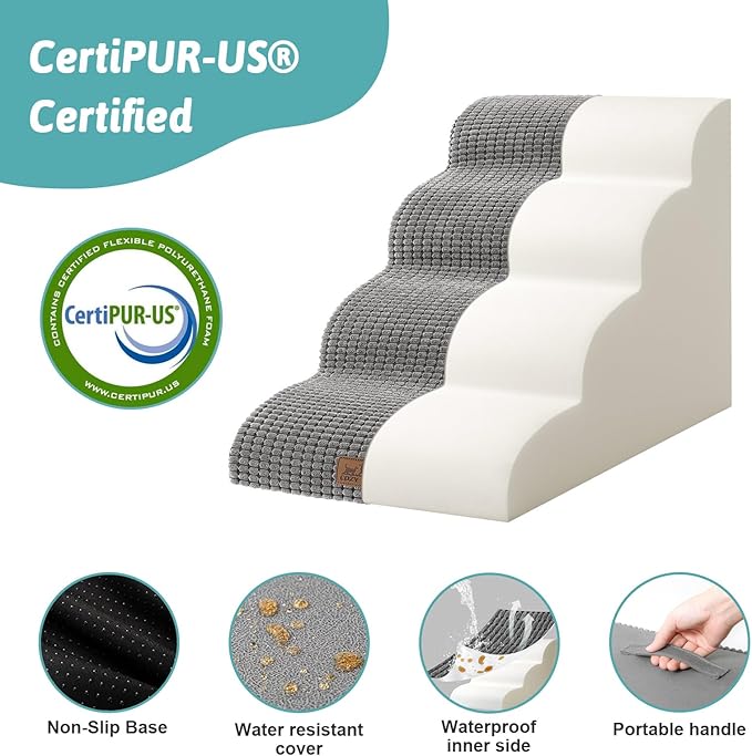 Dog Stairs for Small Dogs 19.7" H, Curved Dog Step for Puppy, Older or Cat, Medium Pet Ramp for Sofa, Couch or Bed, Ladder with High Density Foam, 15.7x28.3x19.7 inch, 4 Step, Light Grey-PurrikoPets