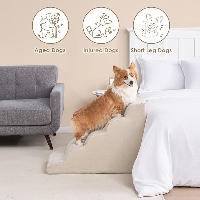 EHEYCIGA Curved Dog Stairs Ramp for High Beds, 5-Step Extra Wide Dog Steps for Small Dogs and Cats, Pet Stairs for High Bed Climbing, Non-Slip Balanced Pet Step Indoor, Beige-PurrikoPets
