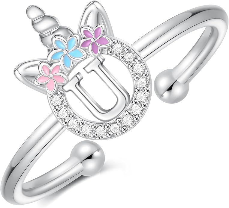 Unicorn Rings Gifts for Girls - Adjustable Initial Ring Dainty Cute Unicorn Rings for Girl Teens Little Girls Jewelry Birthday Gift