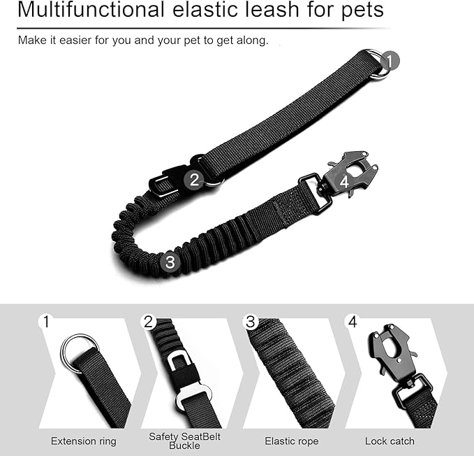 20” Strong Short Leash for Dog, Heavy Duty Bungee Dogs Leash with Padded Handle Car Seatbelt, Small Dog Training Leashs for Large or Medium Dogs - Can be Used with Other leashes (Black)-PurrikoPets