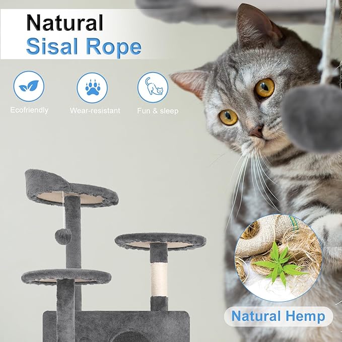 FDW Cat Tree 54in Cat Tower Multi-Level Durable Cat Scratching Post & Cozy Fun Cat Jumping Platform Space Saving Cat Condo Pet Play House for Indoor Cats,Light Gray-PurrikoPets