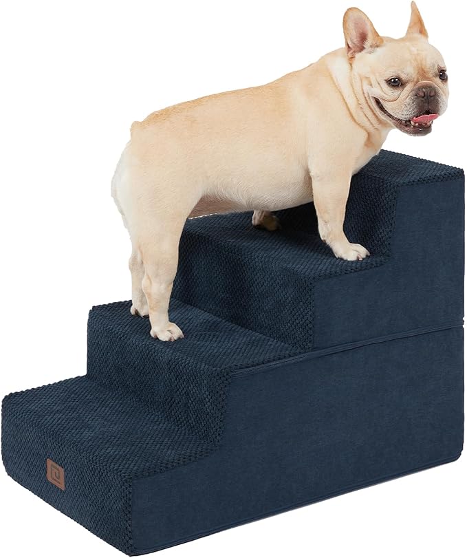 EHEYCIGA Dog Stairs for Bed 18" H, 4-Step Dog Steps for High Bed, Pet Steps for Small Dogs and Cats, Non-Slip Balanced Pet Ramp Indoor, Navy Blue-PurrikoPets