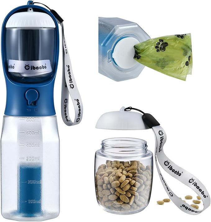 Dog Water Bottle with Food Container & Poop Bag Holder, Travel Water Bowl, Portable Pet Dispenser, Dog Stuff Accessories Items, Puppy Essentials Necessities for Walking Hiking Dog Gift-PurrikoPets