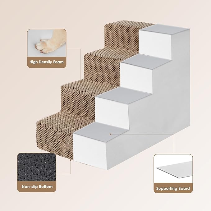 EHEYCIGA Dog Stairs for Bed 18" H, 4-Step Dog Steps for High Bed, Pet Steps for Small Dogs and Cats, Non-Slip Balanced Pet Ramp Indoor, Camel-PurrikoPets