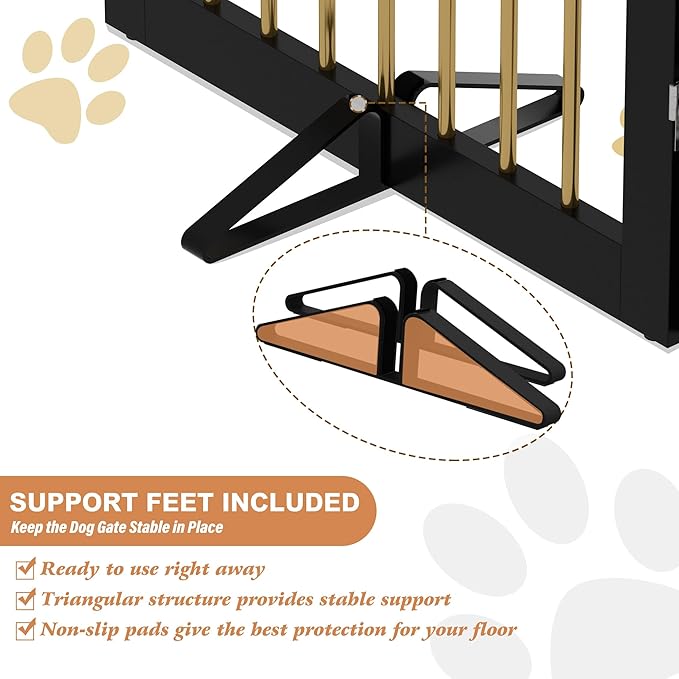 Freestanding Pet Gate for Dogs, Foldable Wooden Dog Gate for House, Stairs, Doorways, Step Over Pet Puppy Safety Fence,Support Feet Included,24" Height 2 Panels, Black&Gold-PurrikoPets
