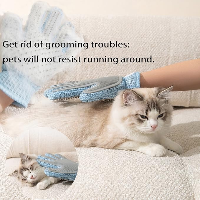 2 Pcs [2-in-1] Pet Hair Removal Gloves - Five Finger Massage Design Pet Beauty Gloves, Suitable for pet dogs and cats to prevent hair tanglings (Blue)-PurrikoPets