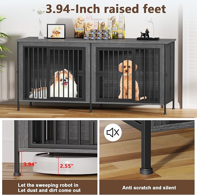 EasyCom 63" Dog Cage Furniture for 2 Pets with Divider, XL Wooden Double Dog Crate Furniture TV Stand for Mideum Breed, Durable and Sturdy-PurrikoPets
