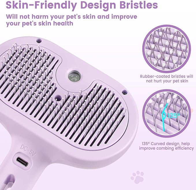 3 in 1 Cat Steam Brush, Pet Spray Hair Removal Comb for Shedding & Grooming, Water Brush for Cats Dogs Small Animals Long Short Haired with One-Click Release Button(Purple)-PurrikoPets