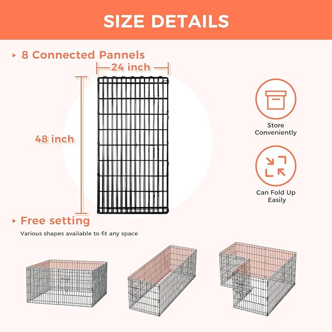 Foldable Dog Playpen 48" Height 8 Panels Metal Exercise Pen No Door - Indoor/Outdoor Dog Play Pen for Medium-Large Dogs, Portable Pet Fence for Yard Garden Camping, Black-PurrikoPets