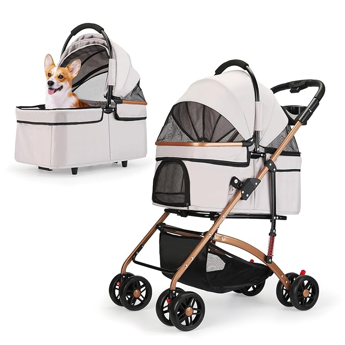 3-in-1 Foldable Pet Stroller for Medium Dogs & Cats (50lbs) - Detachable Carrier, Car Seat, Storage Basket, 5" Lockable Wheels-PurrikoPets