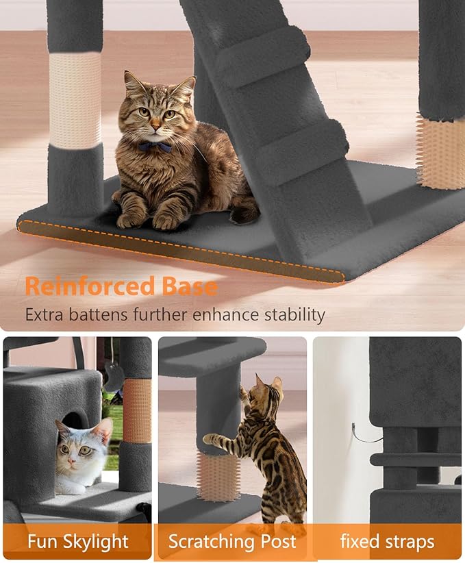60" Cat Tree Tower for Indoor Cats Large Adult,Cute/Tall Modern Cat Tree for Big Cats 20 lbs, Plush Multi-Level Cat Condo with Scratching Posts,Dangling Ball (Smoky Gray, 60 inch)-PurrikoPets