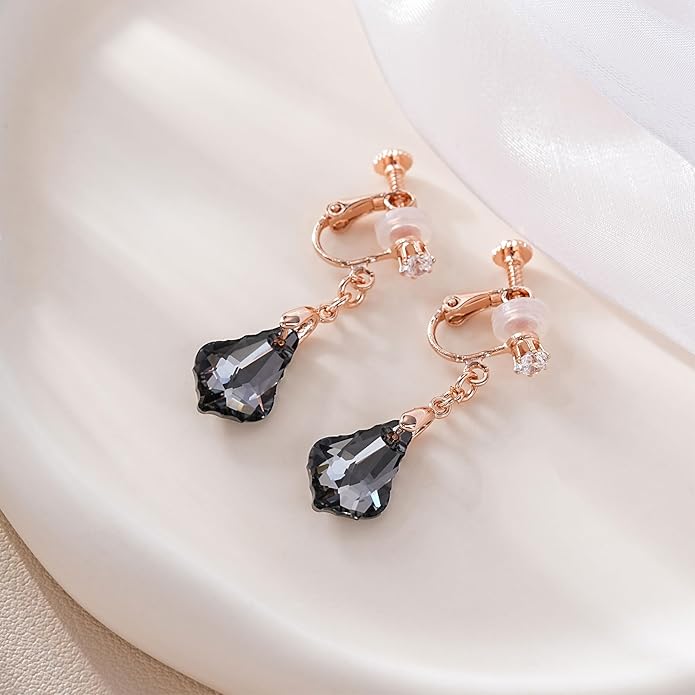 Austrian Crystal Baroque Drop Clip On Dangle Earrings for Women Non Pierced 14K Rose Gold Plated Hypoallergenic Jewelry