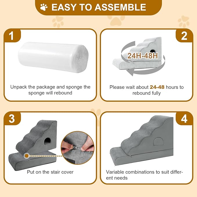 Dog Stairs for Small Dogs 24.6" H, 5-Step Dog Steps for High Bed, High-Density Foam Curved Pet Stairs with Non-Slip Removable Washable Cover to Get on Bed-PurrikoPets