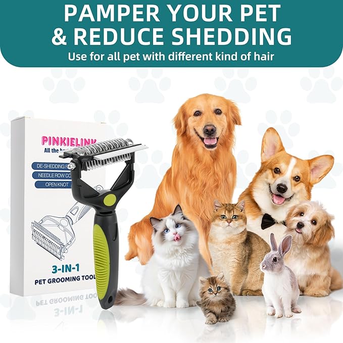 3-IN-1 Pet Grooming Tool - Undercoat Rake, Dematting Comb & Deshedding Brush for Cats & Dogs - Removes Mats, Tangles & Loose Fur, Reduces Shedding & Prevents Hair Mess (Green)-PurrikoPets