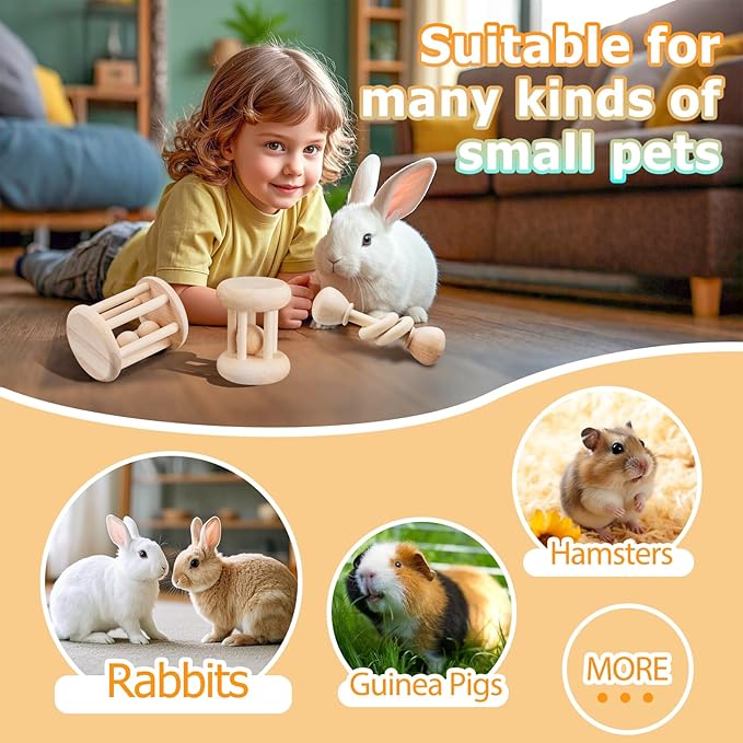 3 Pcs Natural Wooden Bunny Toys, Safe Rabbit Toys for Guinea Pig Chinchillas Hamsters Small Animals Playing Teeth Grinding Indoor Outdoor-PurrikoPets