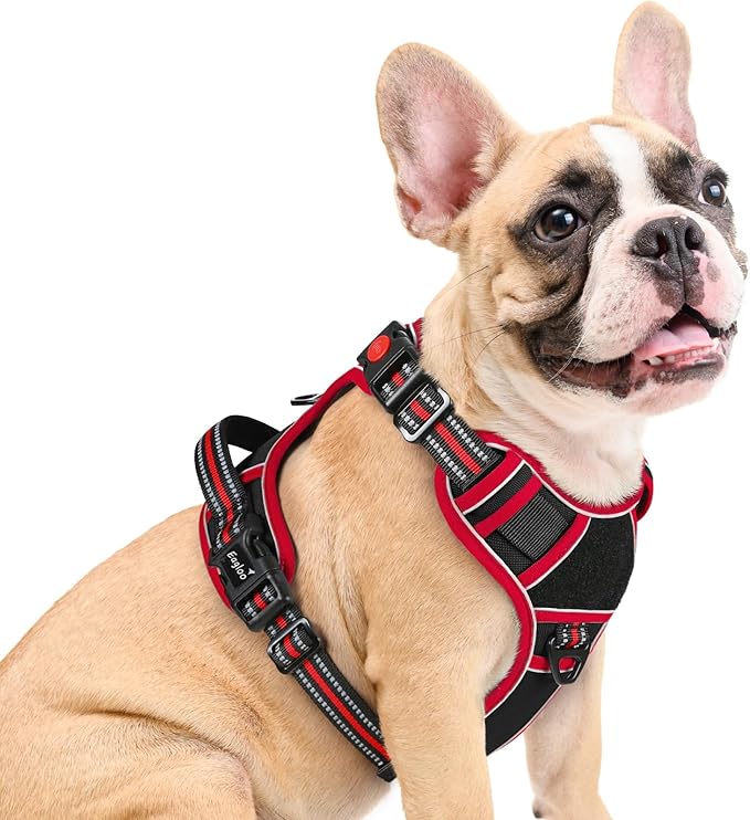 Eagloo Dog Harness Medium Sized, Easy Wearing with 3 Buckles, Adjustable No Pull Pet Harness with 2 Rings for Walking, No Chock Reflective Soft Padded Vest with Control Handle, Black & Red, M-PurrikoPets