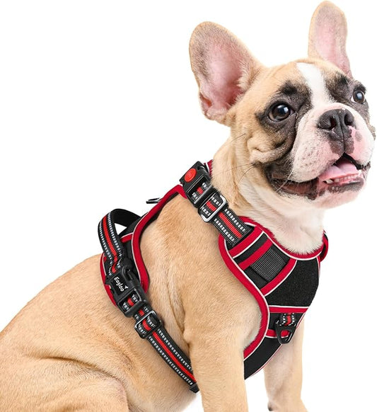 Eagloo Dog Harness Medium Sized, Easy Wearing with 3 Buckles, Adjustable No Pull Pet Harness with 2 Rings for Walking, No Chock Reflective Soft Padded Vest with Control Handle, Black & Red, M-PurrikoPets