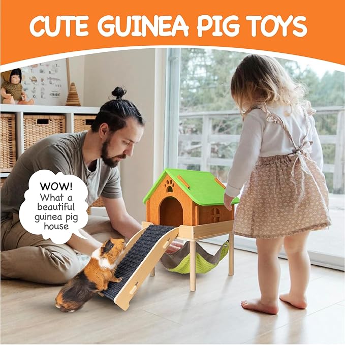 3 in 1 Enlarged Guinea Pig Hammock with House & Platform,Wooden Guinea Pig Hideout with Hammock & Stairs Small Animal Toys for Hiding Sleeping Activities-PurrikoPets