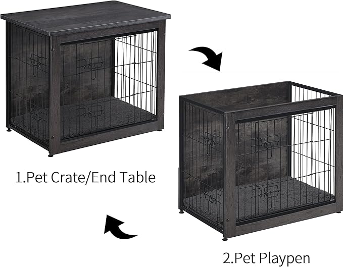DWANTON Dog Crate Furniture with Cushion, Wooden Kennel Table with Double Doors, Indoor Dog House, Medium Size, 32.5" L, Dark Gray-PurrikoPets