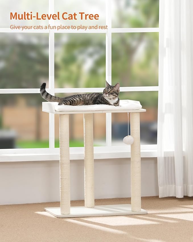 FourFurPets 26.7in Large Cat Tree Tower Condo, Cat Scratch Posts for Indoor Cats, Big Plate, Three 23.6in Full Sisal Scratching Posts, White-PurrikoPets