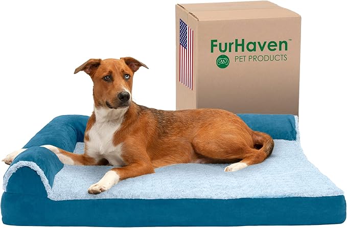 Furhaven Cooling Gel Dog Bed for Large Dogs w/ Removable Bolsters & Washable Cover, For Dogs Up to 95 lbs - Two-Tone Plush Faux Fur & Suede L Shaped Chaise - Marine Blue, Jumbo/XL-PurrikoPets